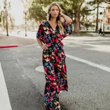 Женское летнее праздничное винтажное платье с поясом, высокой талией, v-образным вырезом, свободное, в стиле бохо, с цветочным рисунком, с коротким рукавом, длинное, макси платье, вечерние, пляжный Сарафан