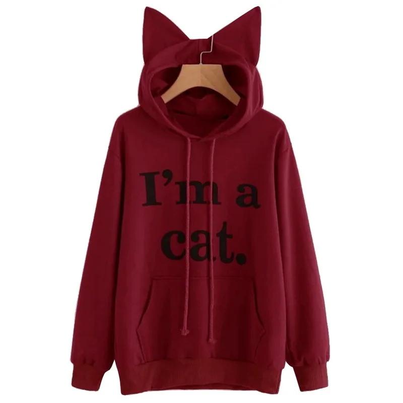  Kawaii Letter Cat Ear Cap Hoodies Women I AM A CAT Print Loose Hooded Sweatshirts 2018 Cute Long Sl