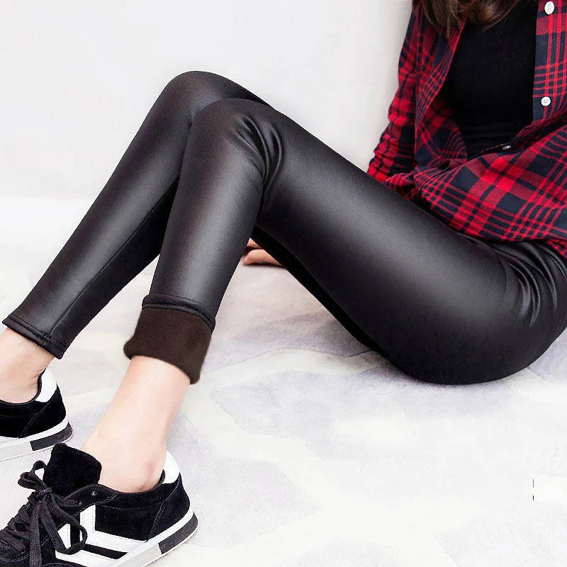Дамские туфли из pu искусственной кожи Черный цвет; Большие размеры теплые зимние тонкие эластичные брюки карандаш S-2XL Лидер продаж