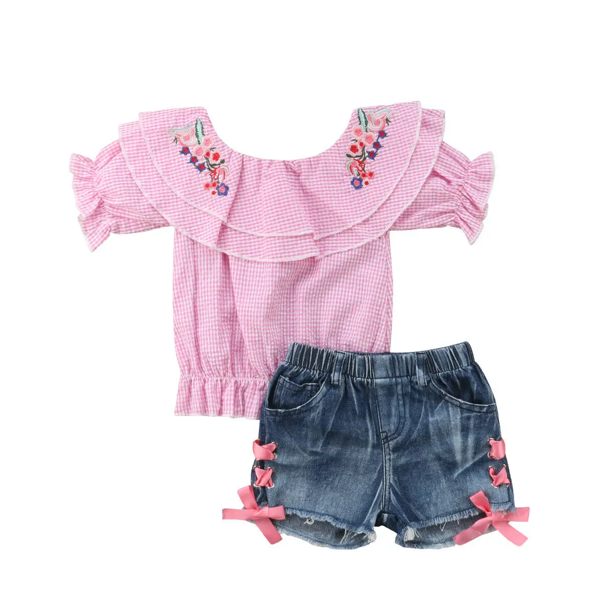 

2019 Newborn Kids Baby Girls Off Shoulder Tops Denim Pants Shorts Outfit Set