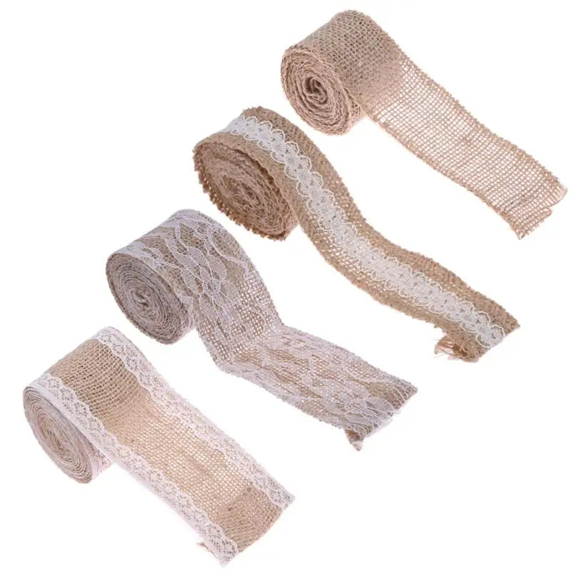 

2Meter Width 6cm/5cm/4cm/3cm White Lace Natural Burlap Jute Ribbon Roll Vintage Christmas Wedding Decoration Craft Gift Wrapping