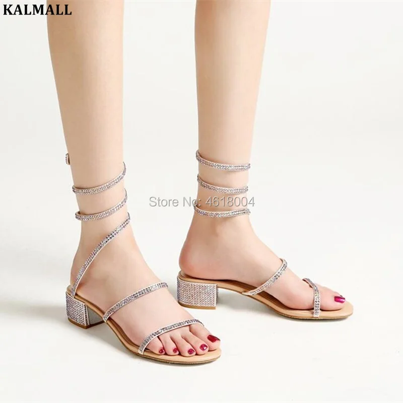 

KALMALL Chaussure Femme Women Gladiator Crystal Sandals Snake-shaped Winding Thick Low Heels Rhinestone Sandales Party Heels