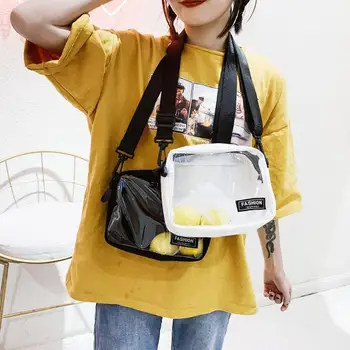 

Korean Fashion Canvas Transparent PVC Crossbody Bags Boys Girls Shoulder Messenger Bag Wide Straps Phone Pouch 2019 New