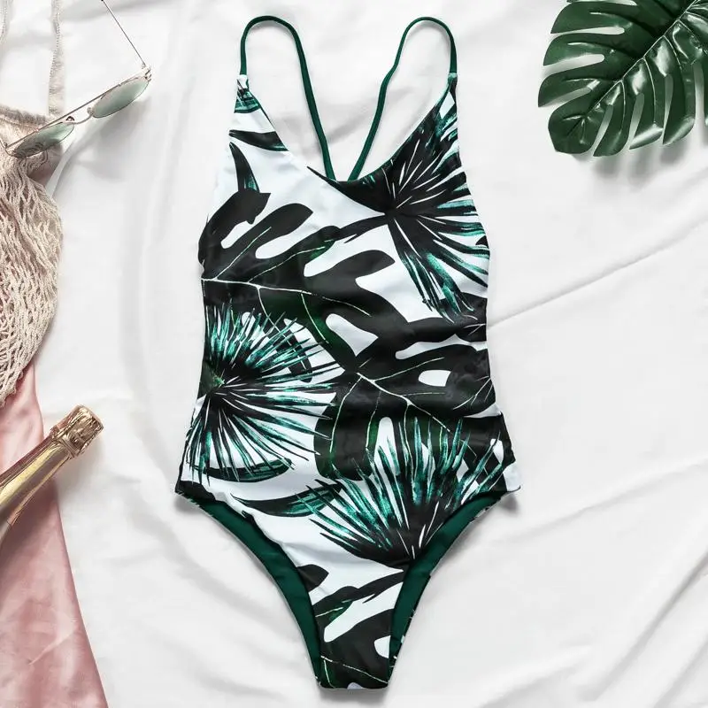 

In-X Sexy monokini Leave print bikini 2019 Backless swimwear women Padded one piece swimsuit female one-piece suits Bathing suit