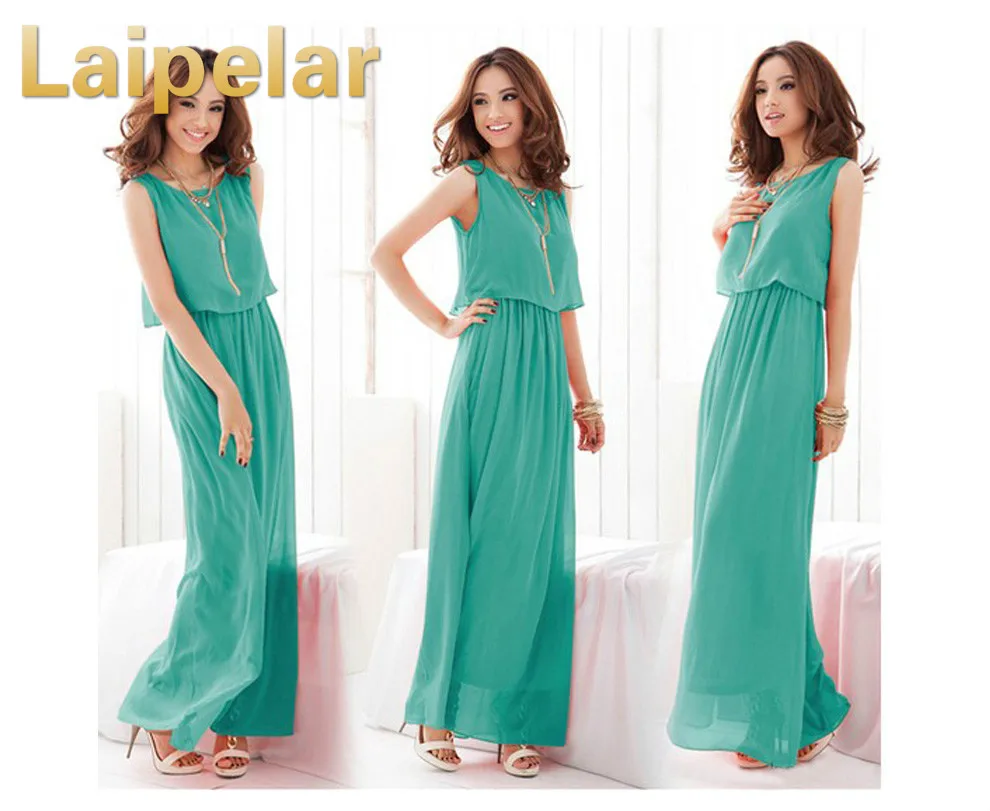 Hot Sale 2019 New Summer Women Dress Bohemian Dress Solid Maxi Dress Chiffon Slim Fashion Clothes O-Neck Sleeveless Vestidos