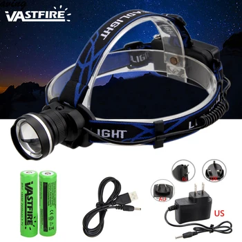 

VASTFIRE Led Torch Head Zoomable Rechargeable 6000Lm LED XM-L T6 Headlamp USB Line Light Flashlight+Charger+2x18650 Batteries