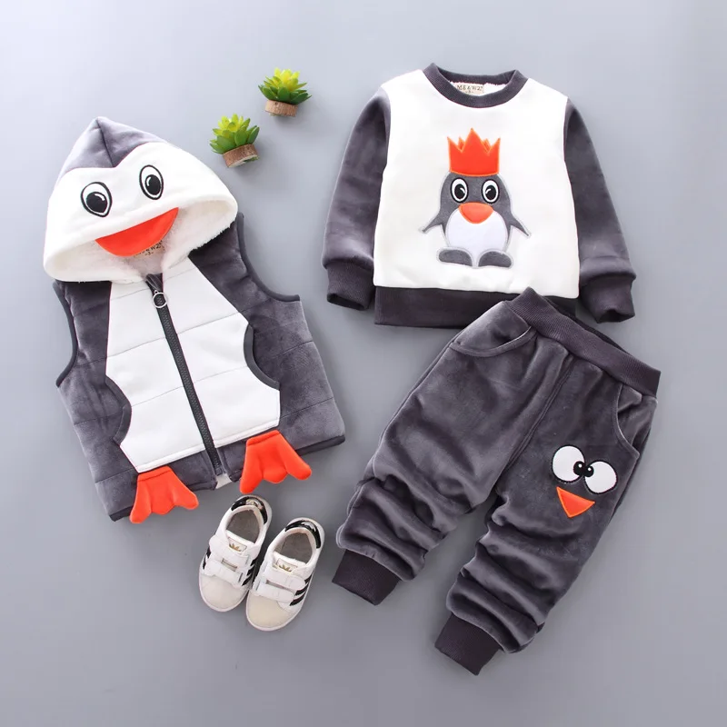 

Children's winter suit children's new plus velvet thick cartoon hooded sweater + vest + pants three-piece