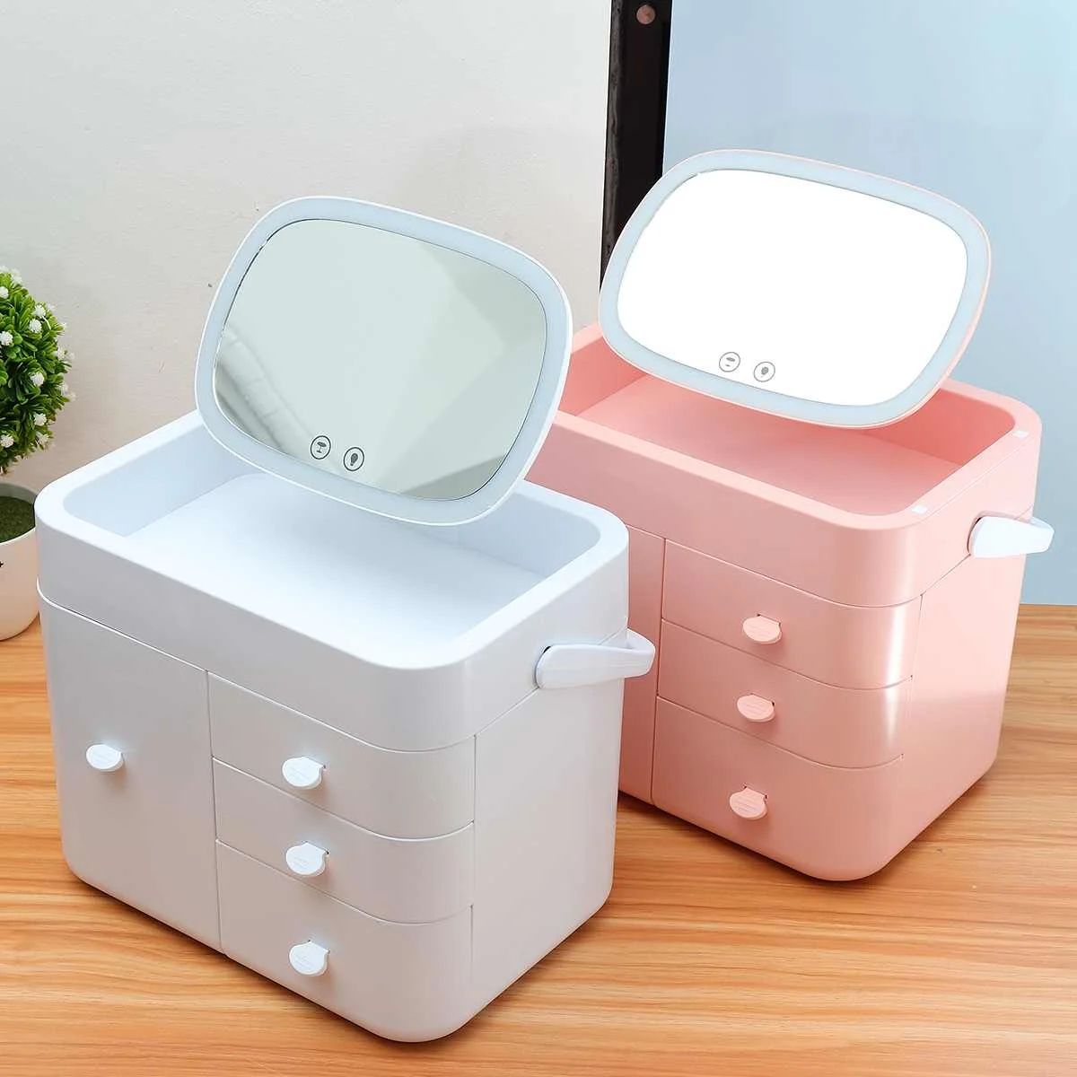 

2 Colors LED Mirror Cosmetics Drawer Organizer Jewelry Box Multi-layer Household Finishing Plastic Box Makeup Storage Box