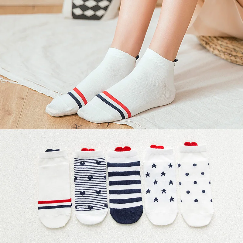 

Back heart stripe dot Invisible Short Woman summer comfortable cotton girl women boat socks ankle low female 1pair=2pcs ws191