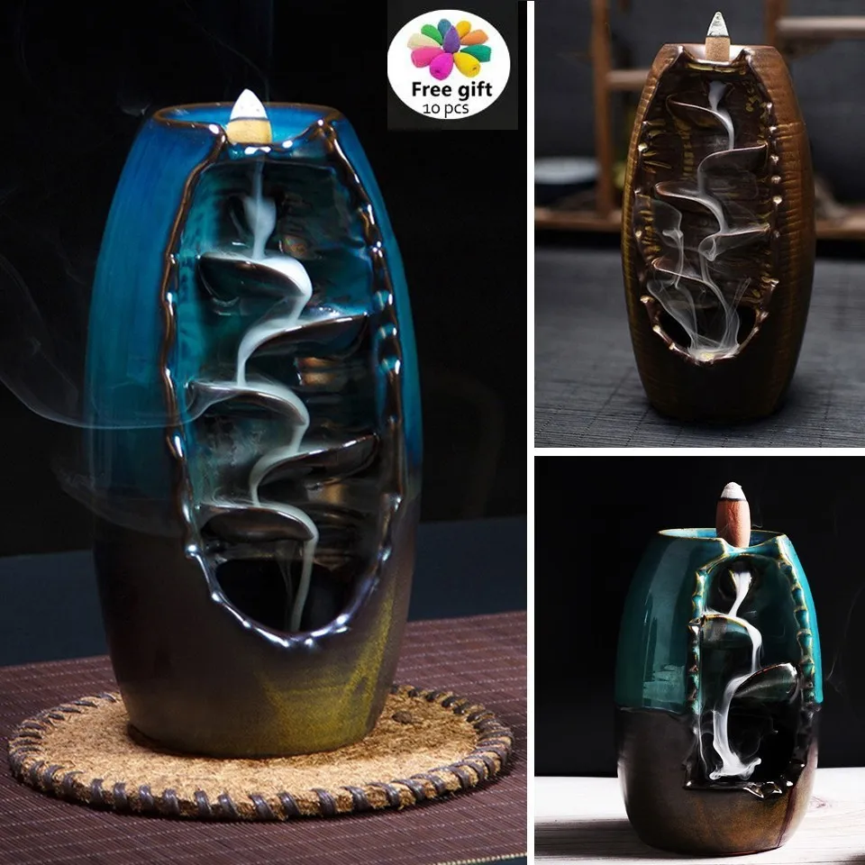 

Waterfall Backflow Incense Burner Handmade Ceramic Censer Incense Holder Indoor Retro Style For Home Decor With 10 Cones Incense