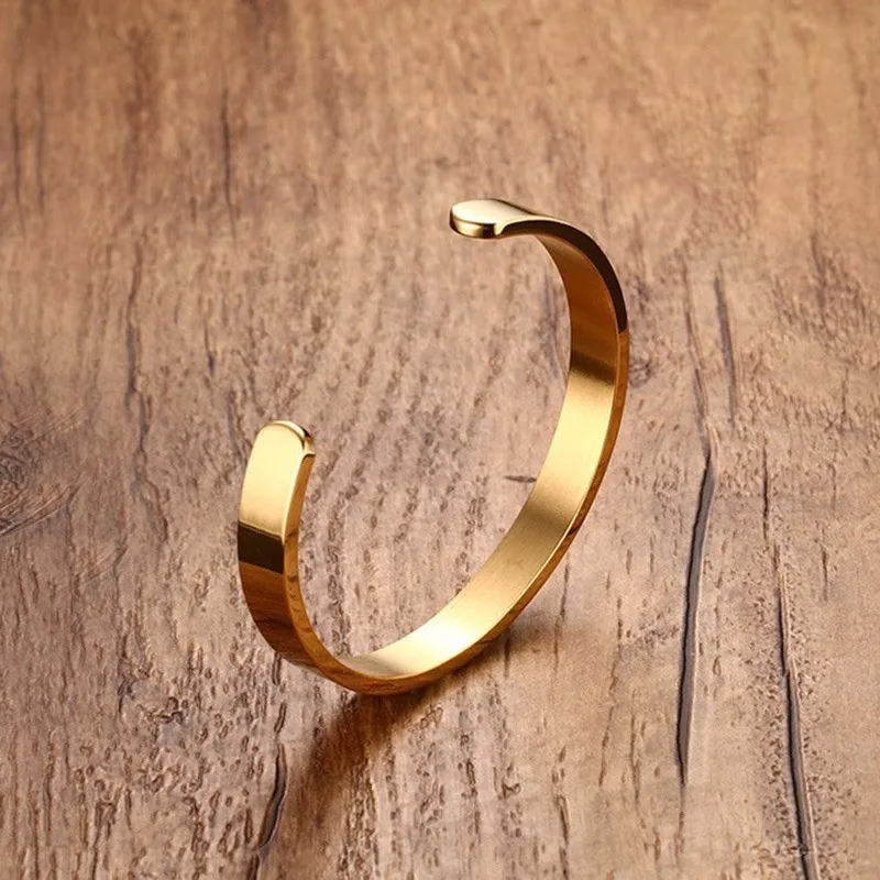 Solid Golden 6mm 8mm Flat Cuff Bangles for Men metal bracelet