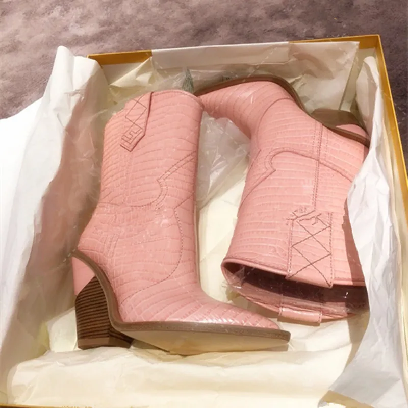 

Embossed Leather Cowboy Boots 2019 New Pink Blue Yellow Western Boots Runway Wedges Wooden Heels Ankle Womne Boots Pointed Toe