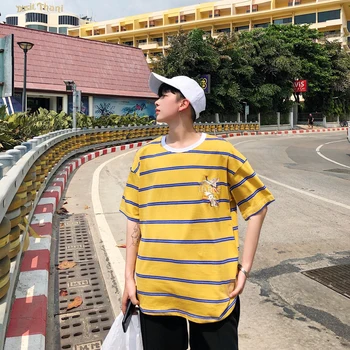 

2019 Spring And Summer New Korean Version Of The Tide MaleLoose ComfortableFashion Harajuku Cotton Striped Animal Casual T-shirt