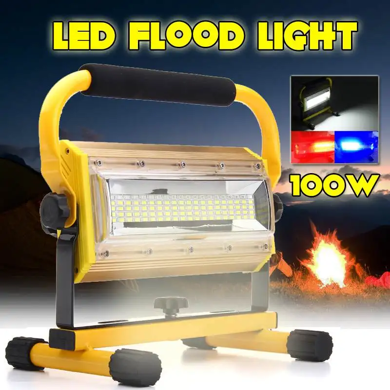

3 Colors 100W Portable LED Floodlight Work Light Rechargeable 100 LED Spot Flood Light Working Camping Lamp Outdoor Lighting