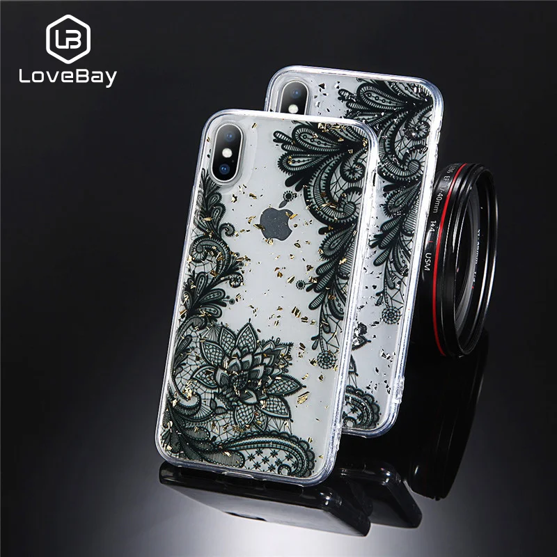 Lovebay New Spangle Luxury Flower Lace Soft Phone Case For Iphone X 6 6s 7 8 Plus XR XS MAX Glossy Covers Capa Coque TPU Pattern |