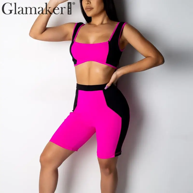 Glamaker Сексуальная bodycon костюм из двух предметов короткий комбинезон для женщин лоскутное цвет укороченный верхний комбинезон Женская мода