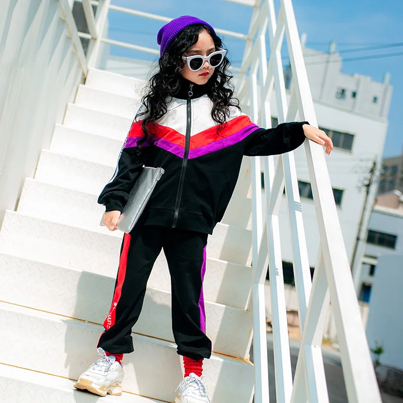 

Girls suit spring and autumn 2019 new fashion sports zipper two-piece long sleeve stitching children's clothing