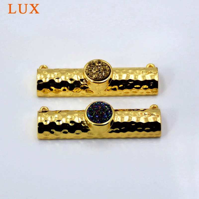 Gold Bezel Natural Copper druzy Bar Connector Pendant Double Loops Cuboid drusy Gem stone Jewelry Charm | Украшения и аксессуары