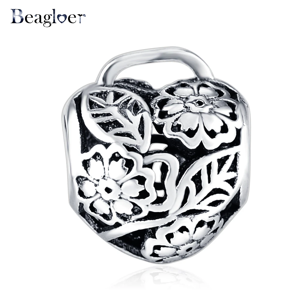 Beagloer ажурный цветок цветочный сердце замок бусины талисманы Fit браслет ручной работы цепочки и ожерелья чистый 925 пробы серебро PSMB0119
