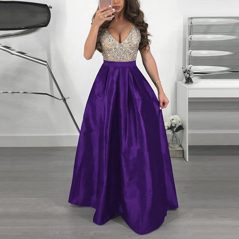 

Women Glitter V-neck Maxi Dress Wedding Formal Dress Evening Ball Gown