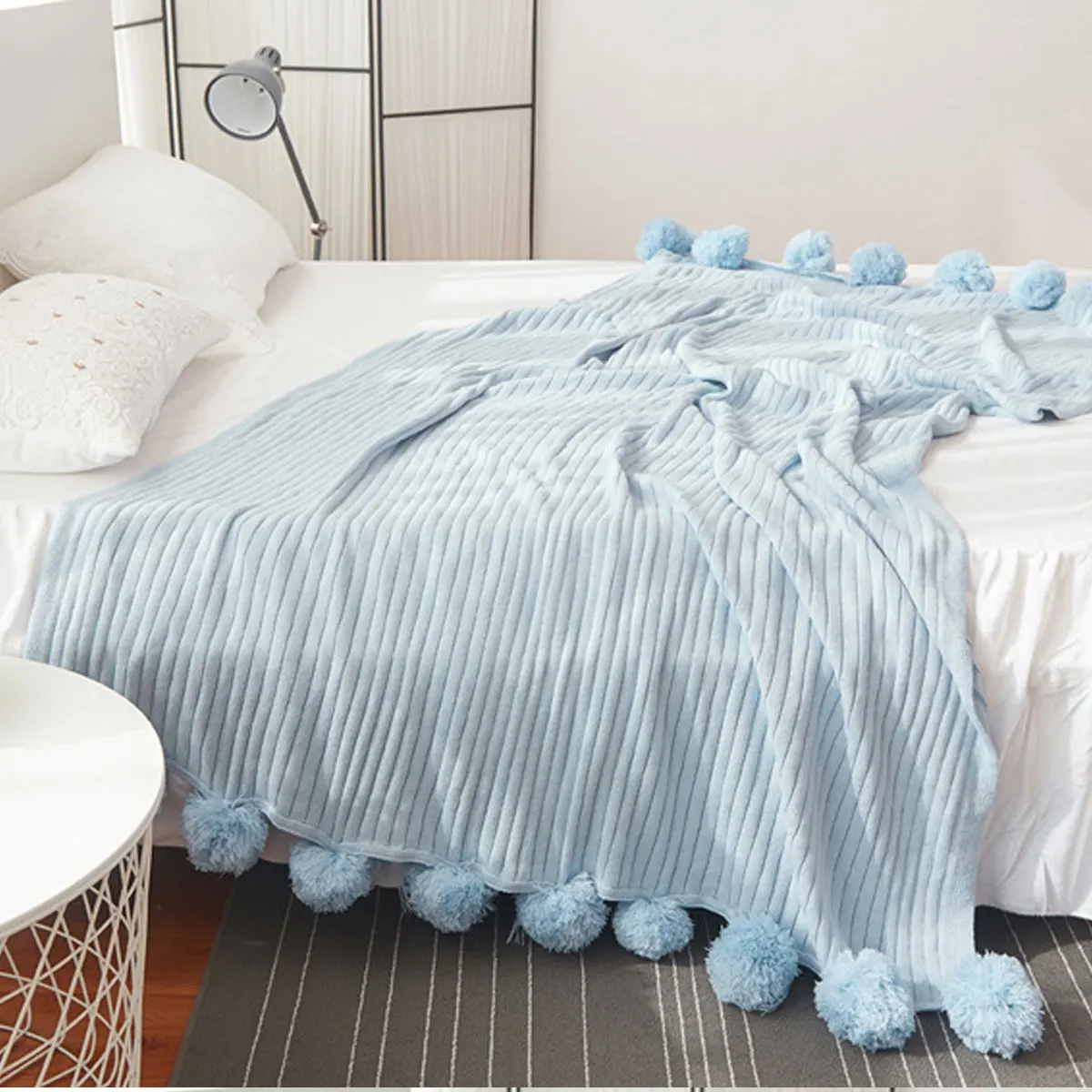 5 цветов, качественное хлопковое вязаное одеяло с помпонами, 100*105 см, для детей, взрослых, двойной размер, для кровати, трикотажная кровать, диван, домашний декор