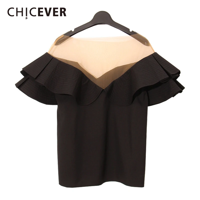 

CHICEVER 2019 Spring Ruffles Female T shirts For Women Top Patchwork Mesh Split V neck Loose Women's T shirt Clothes Fashion New