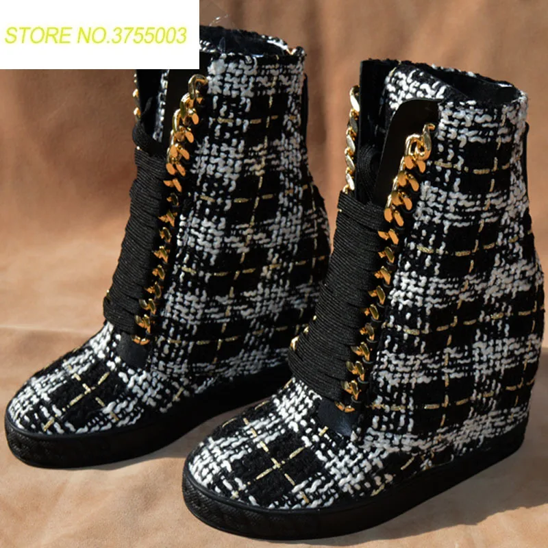 

New Multi Knitted Woolen Cloth Women Height Increasing Ankle Boots Ladies Metal Chains Lace Up Boots Casual Style Spring Boots