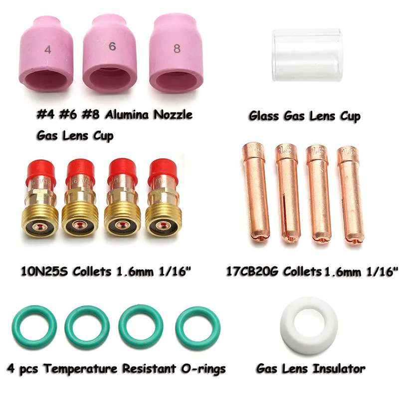 17pcs TIG Gas Lens Stubby Ceramic Nozzle & Glass Cup Kit WP17/18/26 1