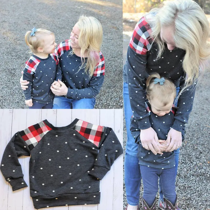 

2018 Multitrust Brand Parent-child AndAutumn Stitching And Polka Dot Long-sleeved Long Sleeves Plaid Autumn Winter Top