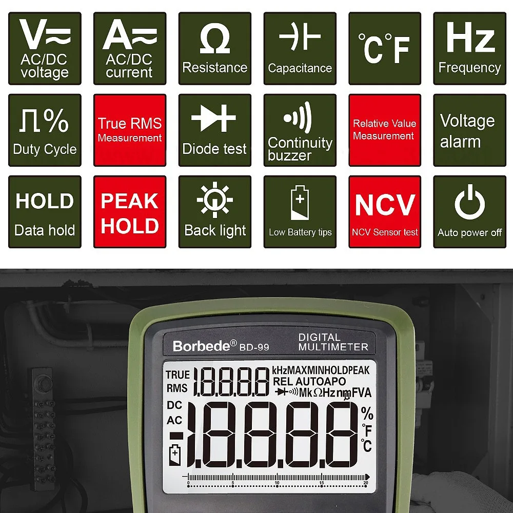 Borbede Bd-99 Цифровой мультиметр 20000 отсчетов Авто Диапазон Ac Dc Сопротивление Емкость удержание пикового значения True Rms ncv диод метр тестер