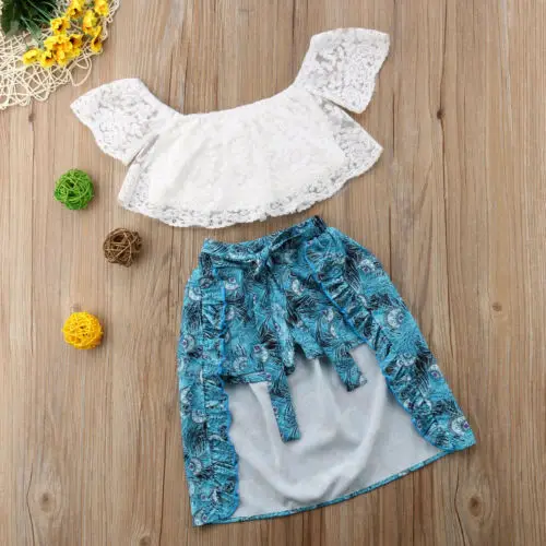 Мод Лето девочка наряд короткий рукав кружева цветочные майка Топы+ пояс для малышей, юбка павлина юбка-брюки, праздничная одежда