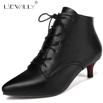 

Lsewilly New Fashion women pointed toe lace-up med heel ankle boots lady solid thin heel short boots black red Size 33-46 E327