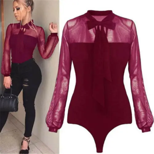 

Women Ladies Bodysuit Stretch Leotard Long Sleeve Body Tops T shirt Jumpsuit