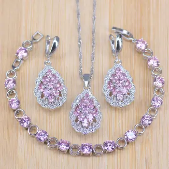 

Wedding Pink Zirconia Silver Color Jewelry Sets Women Costume Earrings Pendant Necklace Bracelets Set Jewellery Gift Box