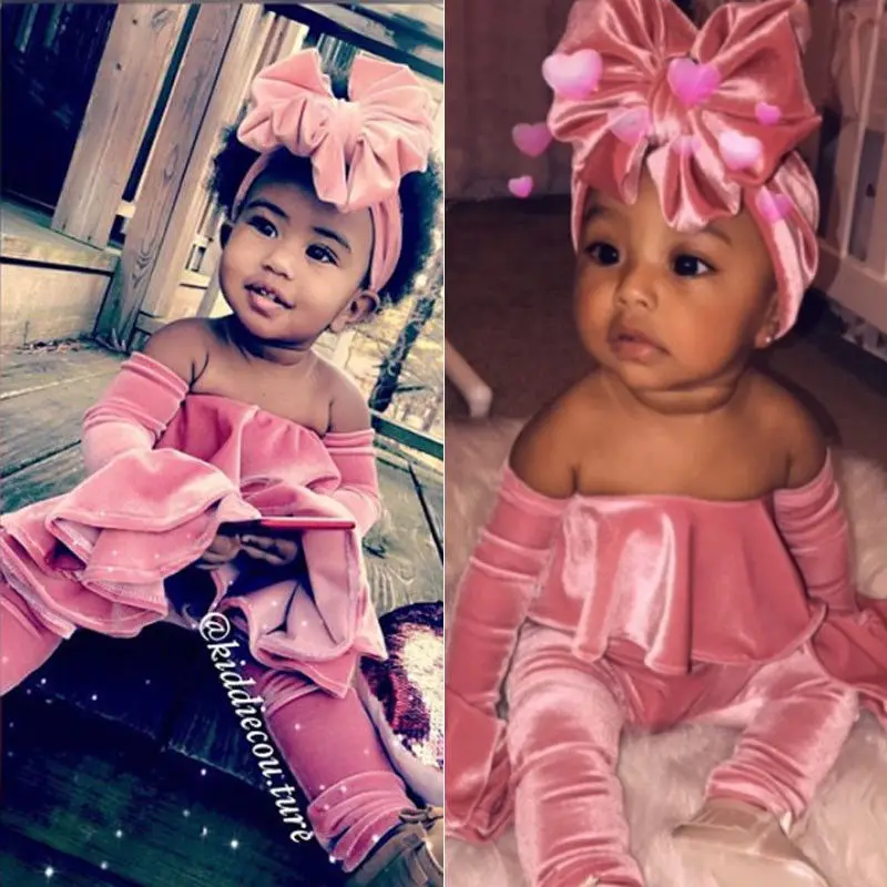 

2 Pcs New Fashion Toddler Kids Baby Girls Clothes Set Velvet Cotton Layers Flare Sleeve Romper Pink Jumpsuit Sunsuit Outfits