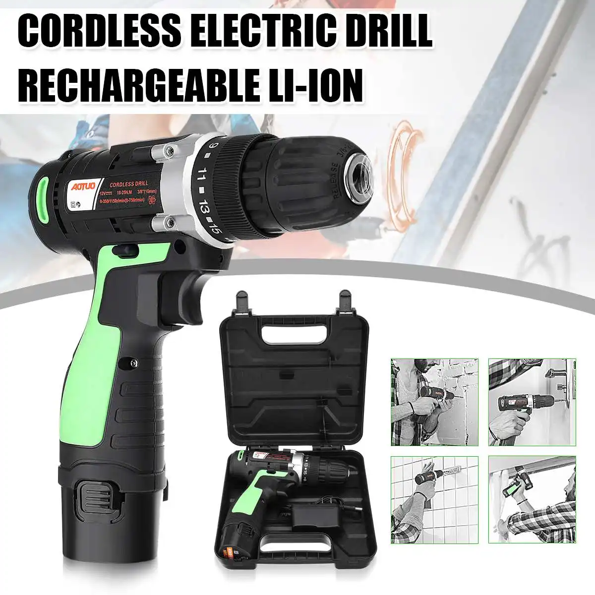

12V Cordless Electric Drill Bit Screwdriver 10mm Driver LED Light Rechargeable Li-Ion Battery For Home DIY Wood Power Tool