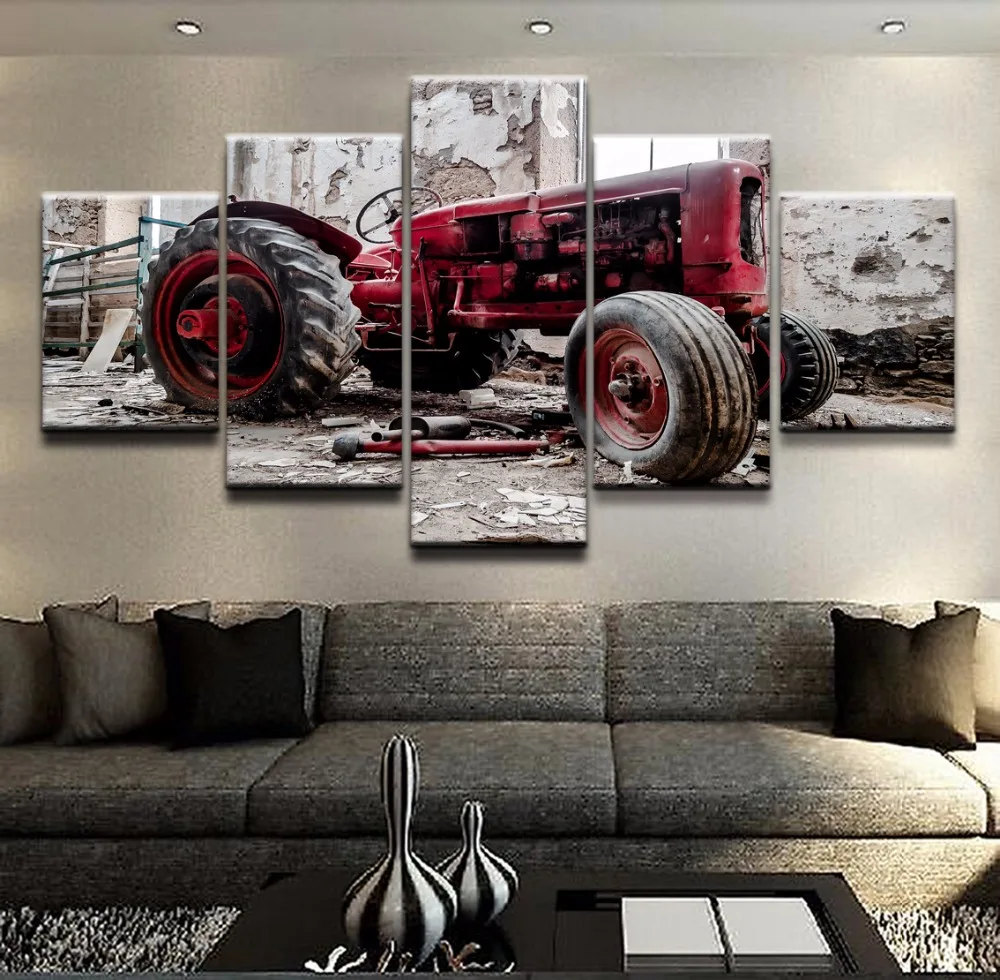 

Modular Printed Painting Modern Canvas Pictures Wall Art Frame 5 Pieces Old Broken Tractor Poster Retro Pictures Bedroom Decor