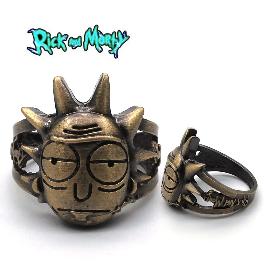 

POFUNUO Anime Rick and Morty Pickle Rick Symbol Bronze Metal Ring Jewelry Ornament Otaku Cosplay Collection Birthday Gift Cool