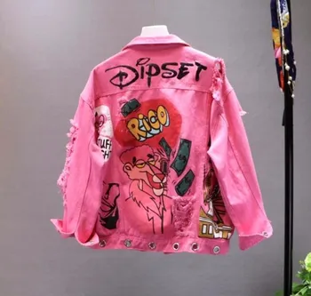 

Fashion Graffiti print holes chains denim jacket women personality outerwear 2019 new arrivals