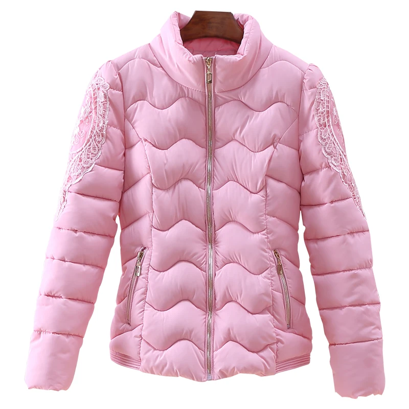 Fashion Autumn Winter Jackets for Women Warm Solid Slim Stand-collar Short Parkas Lace Embroidered Female Outwear Cotton Padded