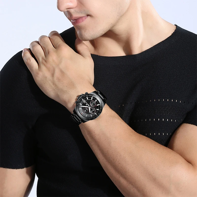 MEGALITH модные часы для мужчин водонепроницаемые спортивные аналоговый хронограф черные стальные часы мужские часы Relogio Masculino