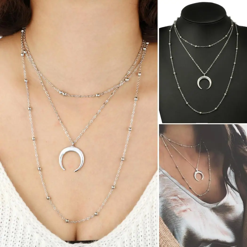 Women Fashion Retro Three Layers Moon Pendant Necklace Casual Lobster Buckle Link Chain Silver | Украшения и аксессуары