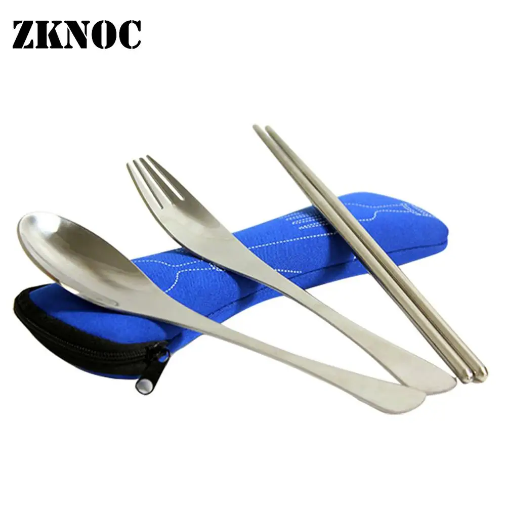 

3Pc Stainless Steel Tableware Set Portable Travel Flatware Kit Spoon Fork Chopsticks Dinnerware Lunch Outdoor Camping Utensil