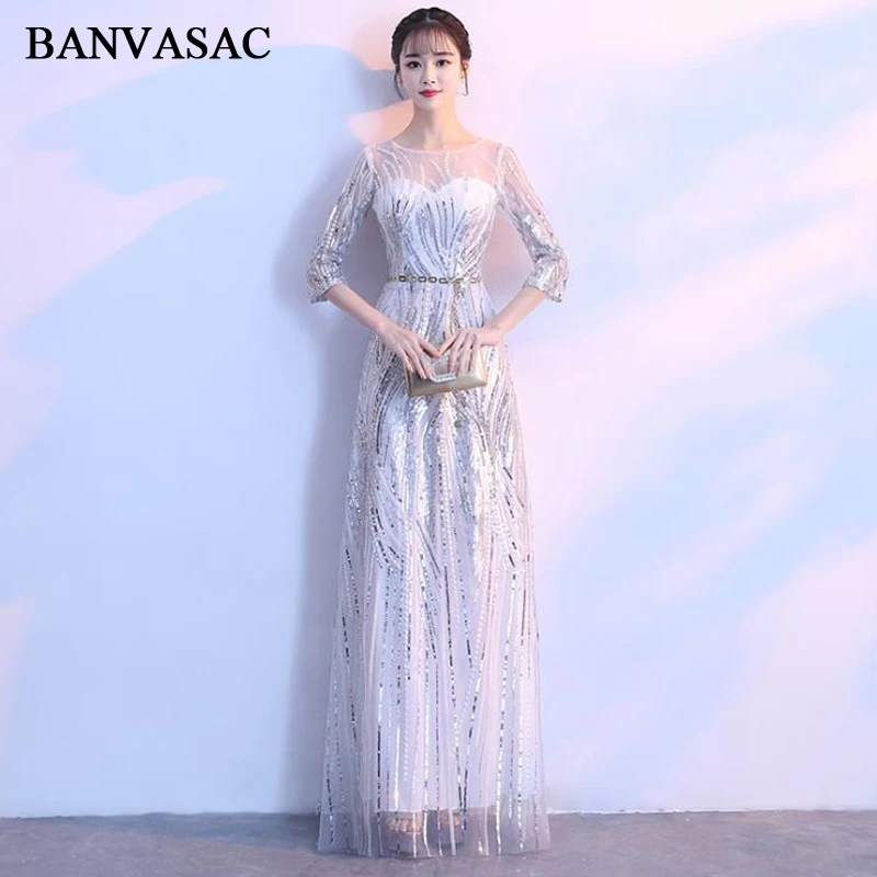 

BANVASAC 2019 Illusion O Neck Sequined A Line Long Evening Dresses Party Metal Sash Lace Zipper Back Prom Gowns