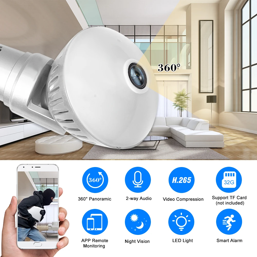 Ip камера 960P/1080P 200 Вт с лампочкой панорамная углом обзора 360 градусов Wi Fi