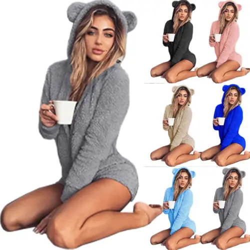 

2018 New Pajamas Long Sleeve Home Suit Nightwear Sets Women Winter Long Sleeve Solid Bear Ear Hooded Sleepwear