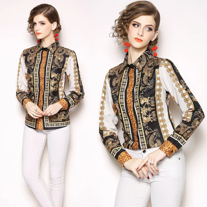 

2018 Spring autumn long sleeve turn down collar print chiffon shirts women office work print chiffon blouses women chiffon tops