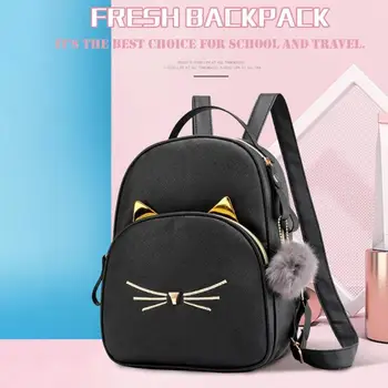 

Teenagers Backpack PU Leather School Bags Girl Cartoon Cat Square Satchel Light Small Shoulder Bag