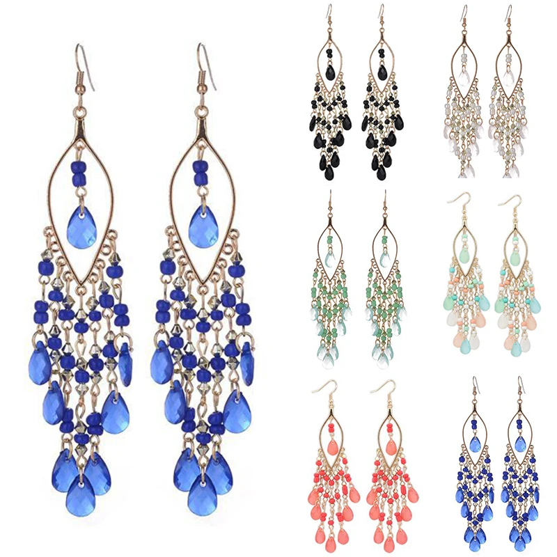 

1Pair Crystal Dangle 6 Colors Bohemian Unique Long Tassel Colorful Drop Earring Graceful Beads Gifts Fashion Jewelry
