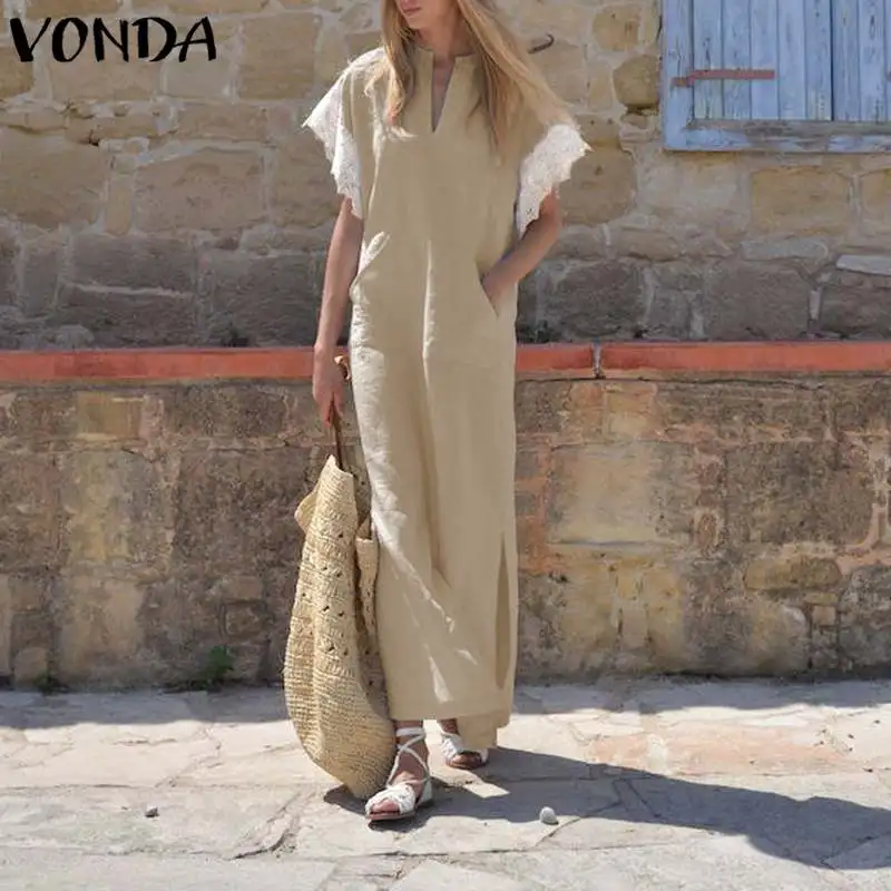 

VONDA Women Maxi Long Dress 2019 Summer Pregnant Sexy V Neck Short Sleeve Lace Patchwork Ankle-length Casual Maternity Vestidos